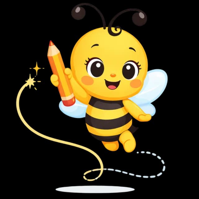 Mel, a abelha mascote do Mundo da Mel, voando feliz com um lapis