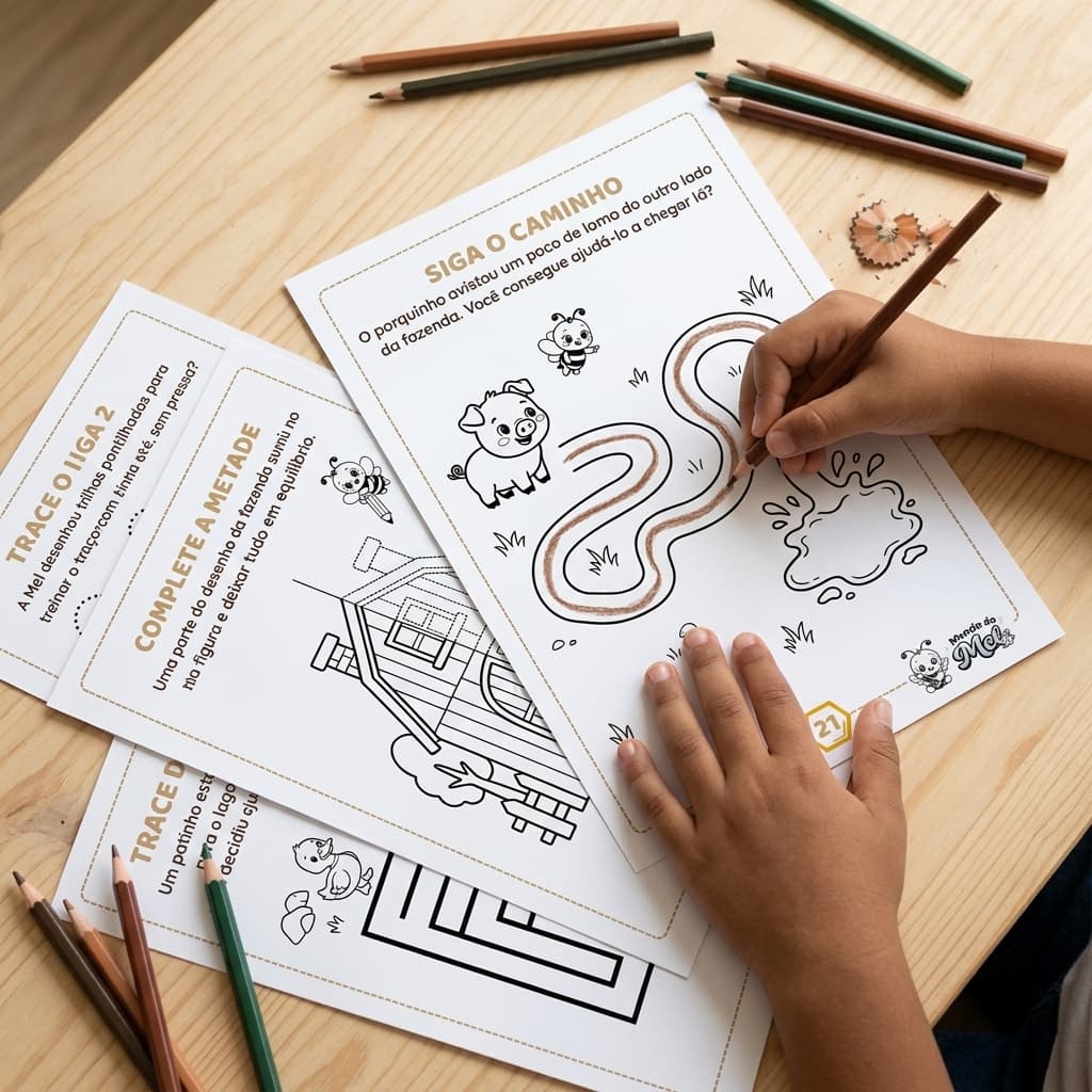 Páginas do bloco de Coordenação com atividades de traçado e labirinto