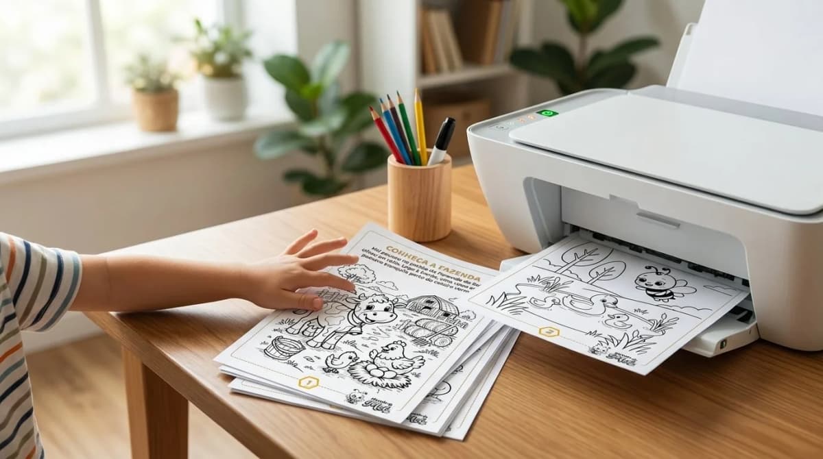 Impressora imprimindo atividade enquanto criança estende a mão ansiosa