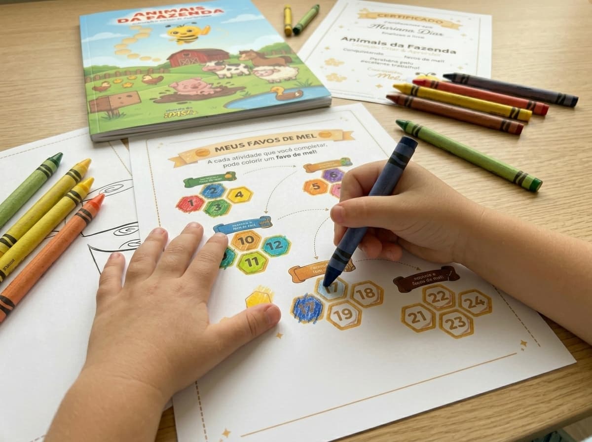 Livro Animais da Fazenda aberto mostrando atividades internas