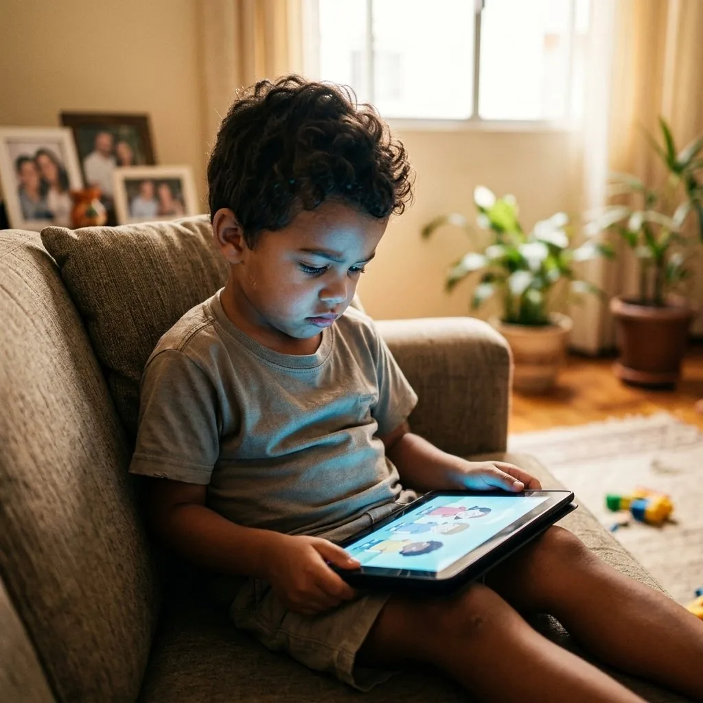 Criança entediada olhando tablet com expressão desengajada