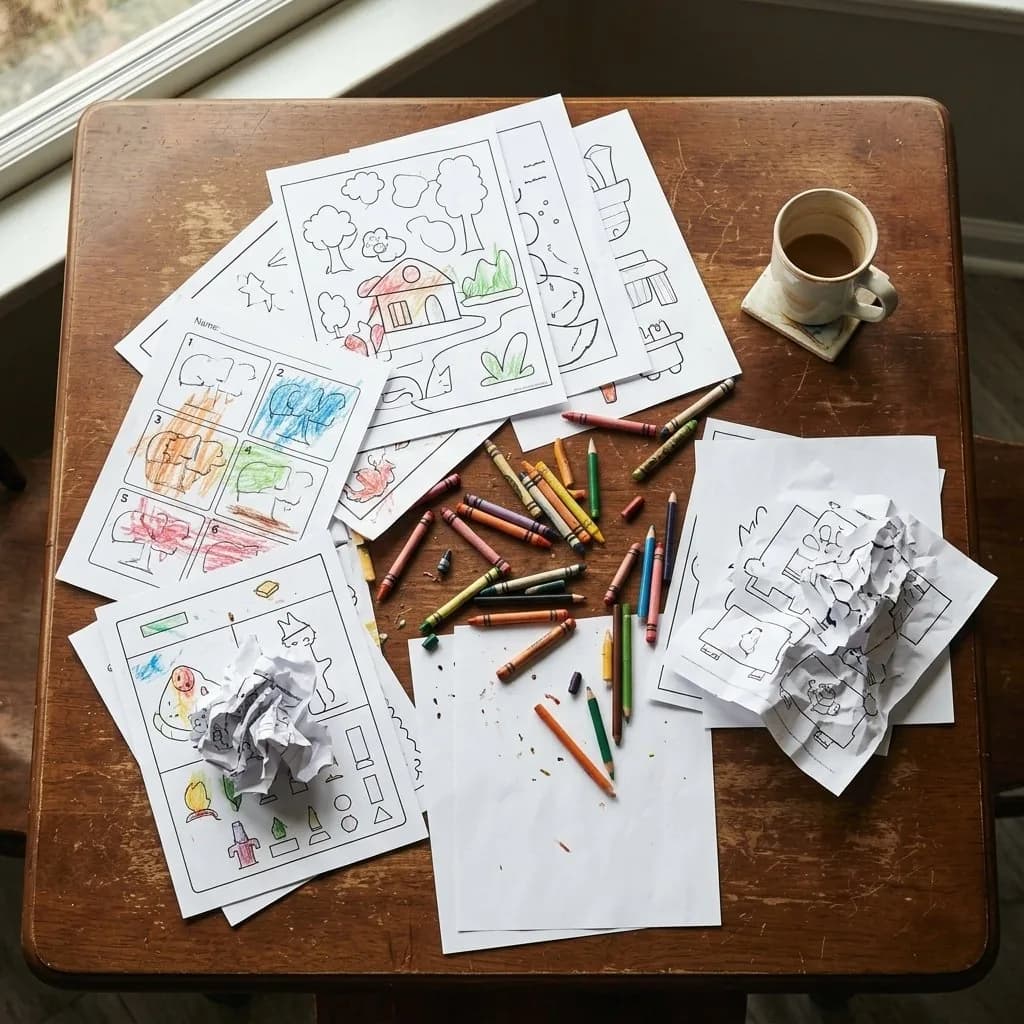 Mesa bagunçada com atividades impressas aleatórias e lápis espalhados